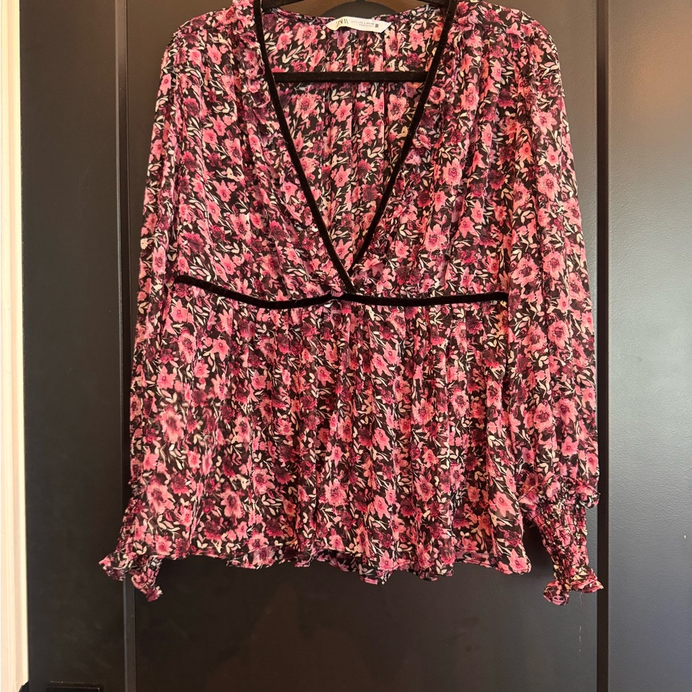 Zara Pink Floral Blouse with Black Accents
